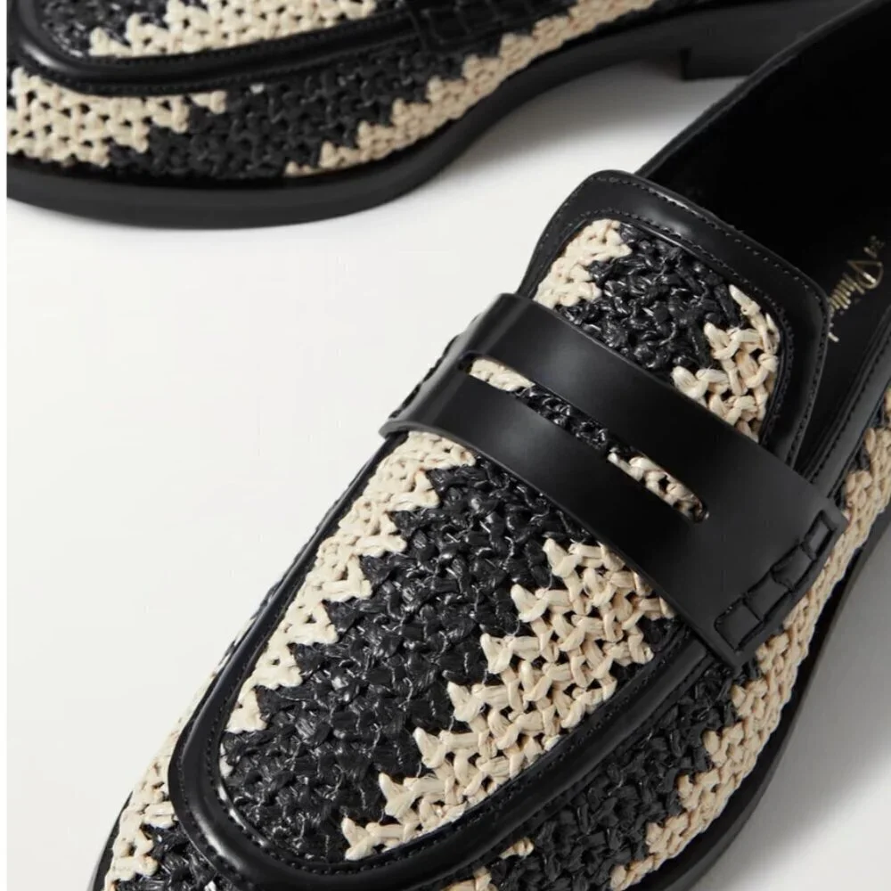 3.1 PHILLIP LIM Alexa leather-trimmed two-tone raffia loafers Size 11